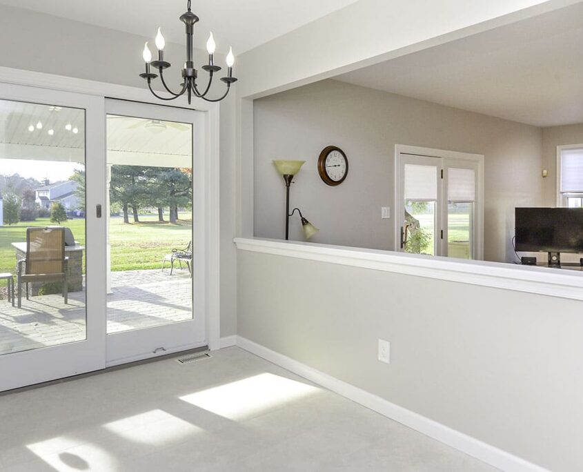 First floor remodel, living room, french door, gray walls, chandelier