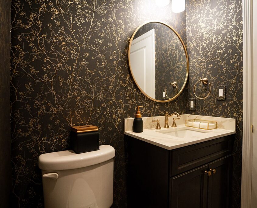 gold and green wallpapered basement half bath in sewell nj